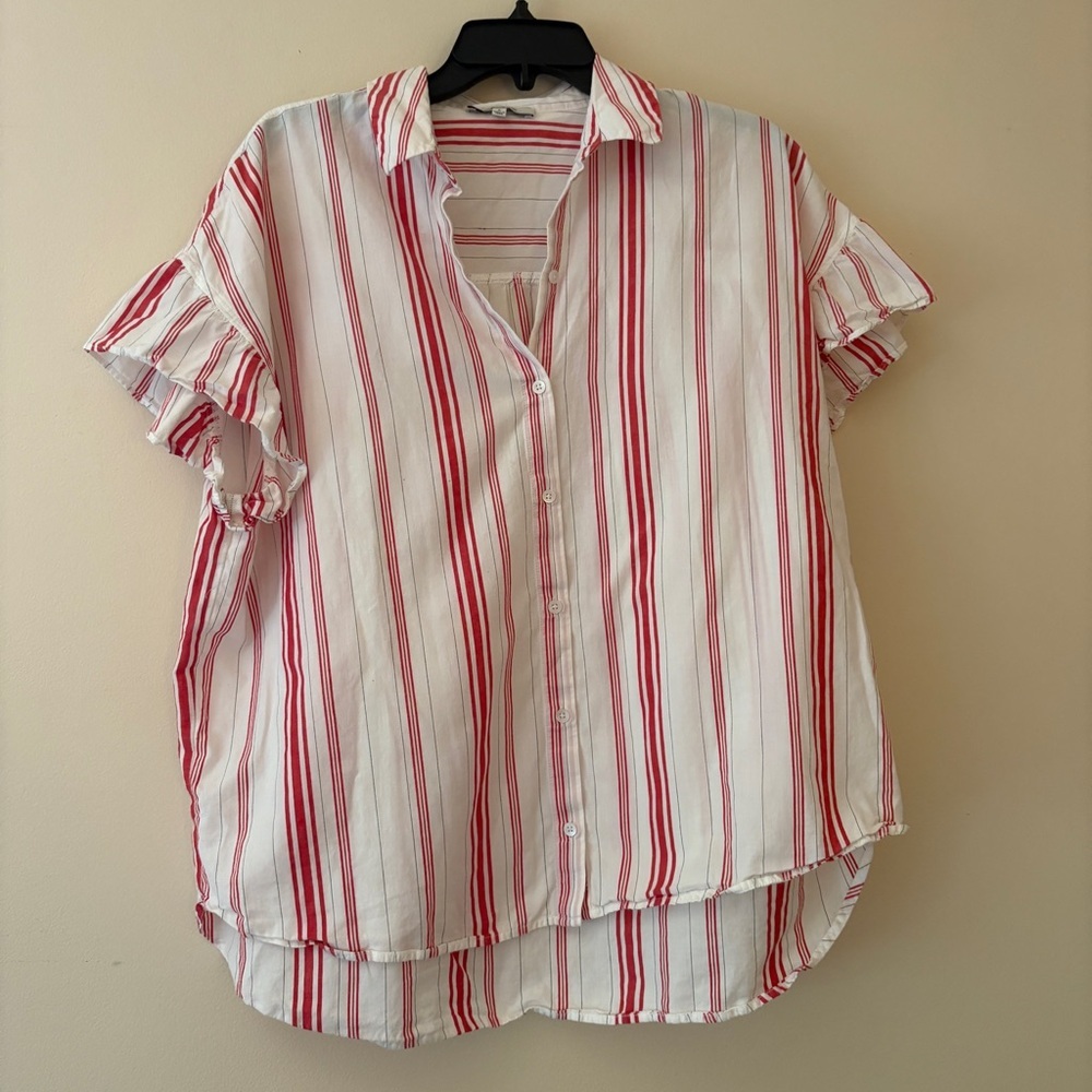 Madewell Red White Striped Ruffle Sleeve Button Down Shirt Large Cotton